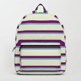 [ Thumbnail: Aquamarine, Beige & Purple Colored Lined Pattern Backpack ]