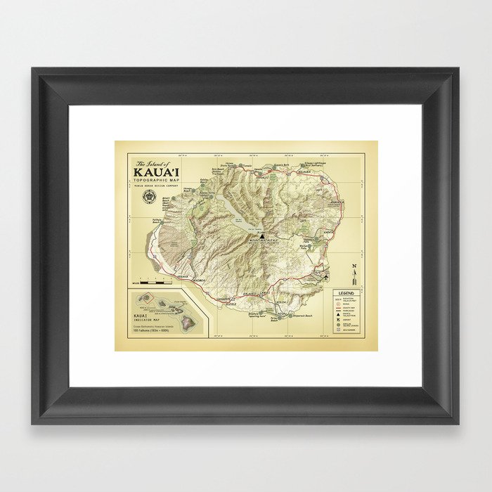 The Island of Kauai [vintage inspired] Topographic Map Framed Art Print