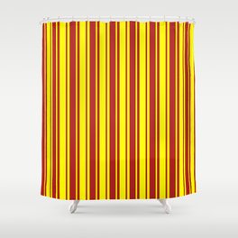 [ Thumbnail: Yellow and Red Colored Lined Pattern Shower Curtain ]