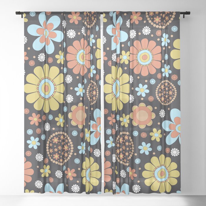 Flower Power - Bohemian Retro Vintage 60's 70's Floral Sheer Curtain