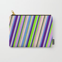 [ Thumbnail: Vibrant Bisque, Cornflower Blue, Indigo, Chartreuse & Plum Colored Lines Pattern Carry-All Pouch ]