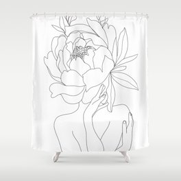 Minimal Line Art Woman Flower Head Shower Curtain