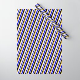 [ Thumbnail: Blue, Grey, Black, Goldenrod, and White Colored Stripes Pattern Wrapping Paper ]