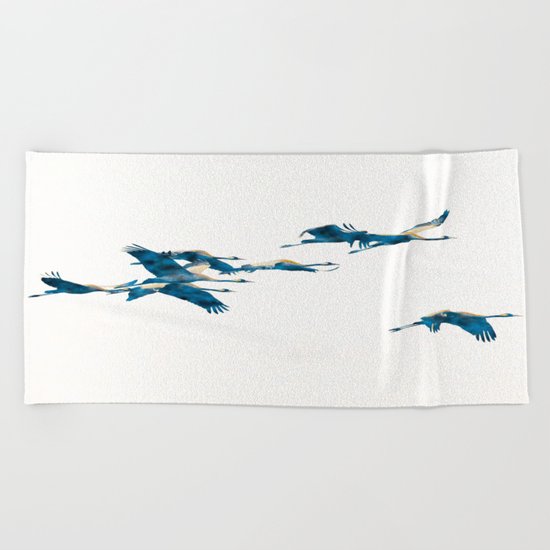 Beautiful Cranes in white background Beach Towel
