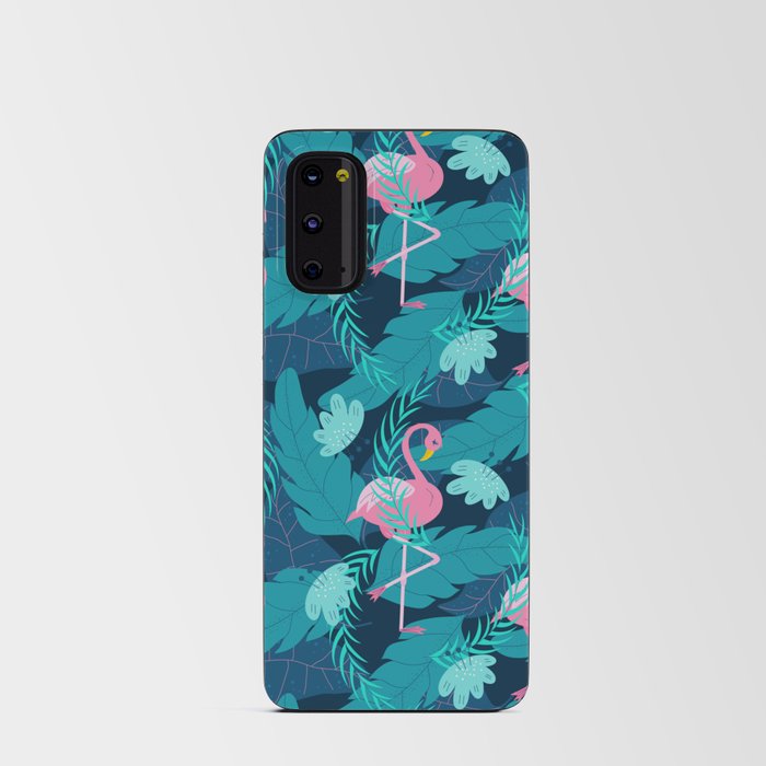 Seamless summer pattern with pink flamingo and tropical leaves Android Card Case