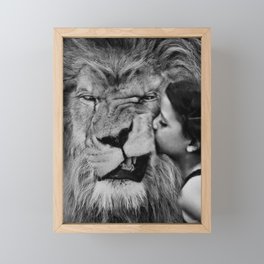 Grouchy Lion being kissed by brunette girl black and white photography Framed Mini Art Print