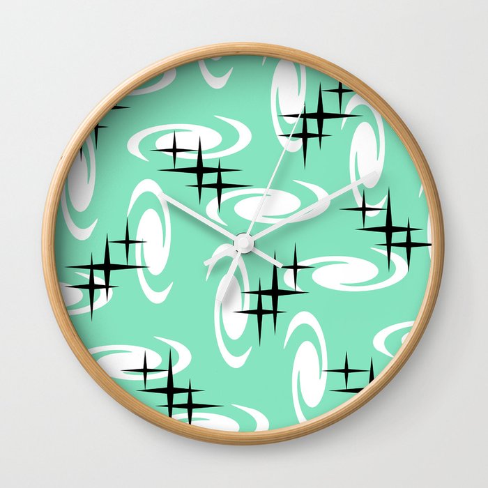 Retro Atomic Age Swirls Stars Pattern Mint Green Wall Clock