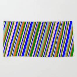 [ Thumbnail: Eyecatching Pink, Blue, Dark Sea Green, Chocolate, and Green Colored Pattern of Stripes Beach Towel ]