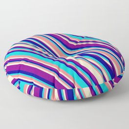 [ Thumbnail: Light Coral, Bisque, Purple, Dark Blue, and Dark Turquoise Colored Lined/Striped Pattern Floor Pillow ]