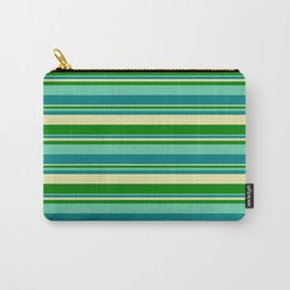 [ Thumbnail: Aquamarine, Teal, Pale Goldenrod, and Green Colored Striped Pattern Carry-All Pouch ]