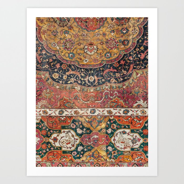Persian Medallion Rug IX // 16th Century Distressed Red Green Blue Flowery Colorful Ornate Pattern Art Print