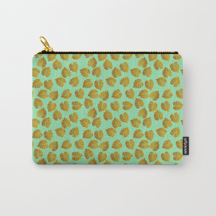 Gold Metallic Foil Monstera Leaves on Mint Carry-All Pouch