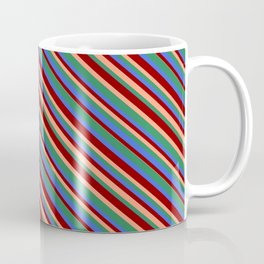[ Thumbnail: Dark Red, Light Salmon, Sea Green & Royal Blue Colored Lined Pattern Coffee Mug ]