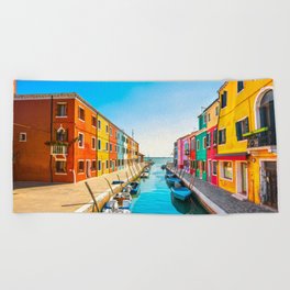 Burano water canal colorful houses and boats, Venice Beach Towel