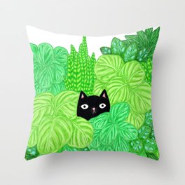 Black cat in House plants Throw Pillow