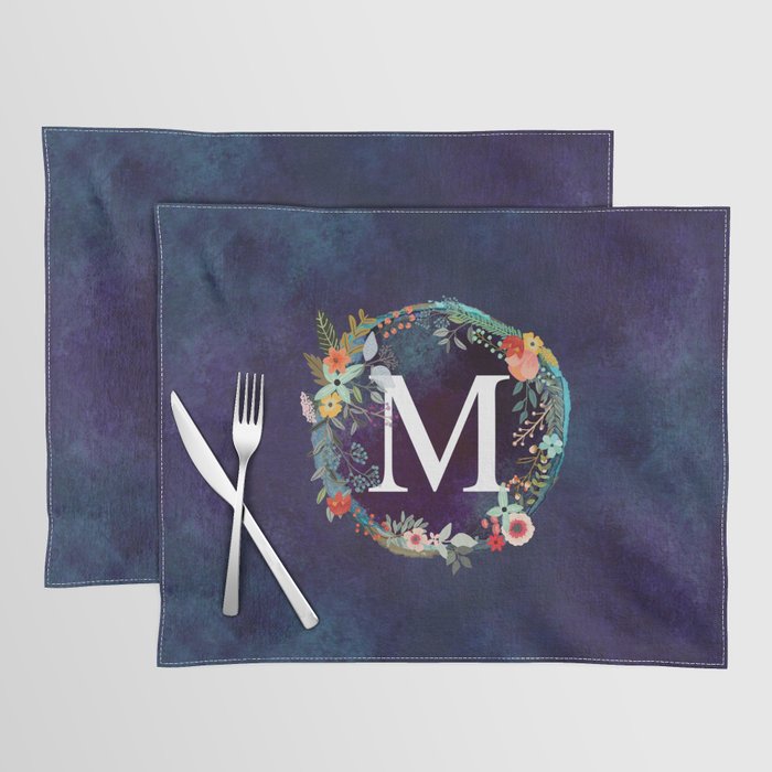 Personalized Monogram Initial Letter M Floral Wreath Artwork Placemat