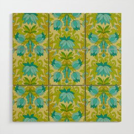 Turquoise and Green Leaves 1960s Retro Vintage Pattern Wood Wall Art
