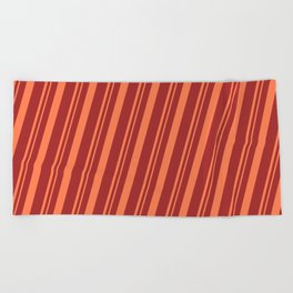 [ Thumbnail: Brown and Coral Colored Pattern of Stripes Beach Towel ]