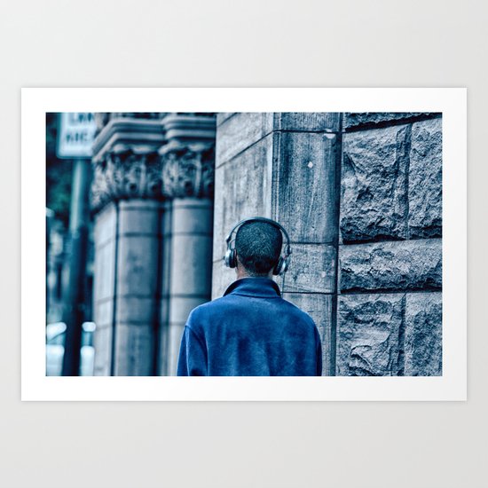 Man headset blue Art Print