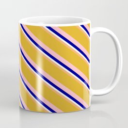 [ Thumbnail: Colorful Brown, Goldenrod, Light Pink, Blue, and Mint Cream Colored Lined/Striped Pattern Coffee Mug ]