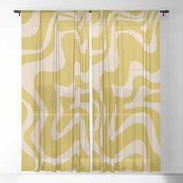 Liquid Swirl Retro Abstract Pattern in Mid Mod Mustard and Beige Sheer Curtain