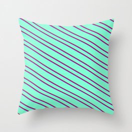 [ Thumbnail: Aquamarine, Brown, and Dark Violet Colored Pattern of Stripes Throw Pillow ]
