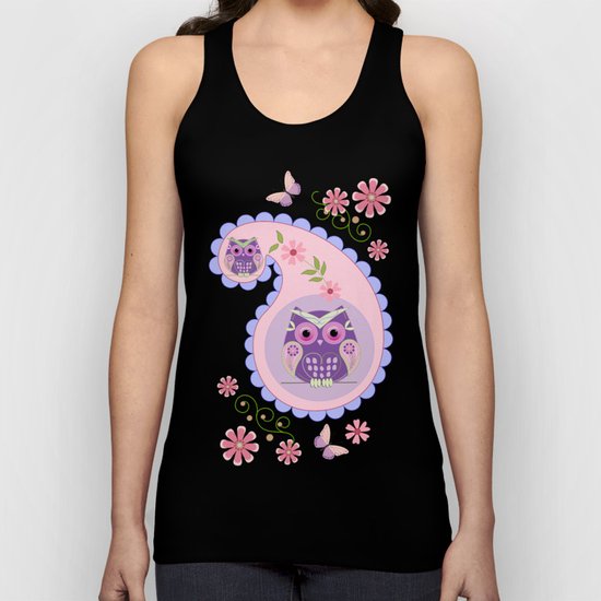 Retro paisley shapes with cute owls and flowers Unisex Tank Top
