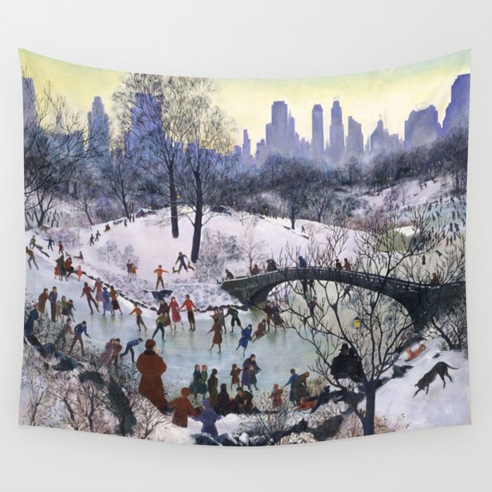 Vintage Central Park Skating Painting Wall Tapestry