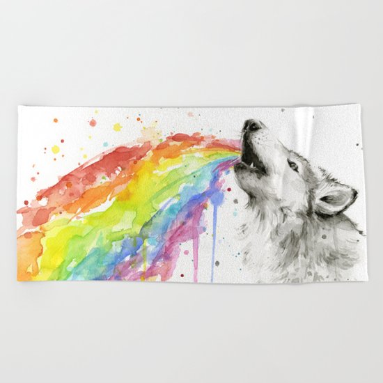 Wolf Rainbow Watercolor Animal Beach Towel