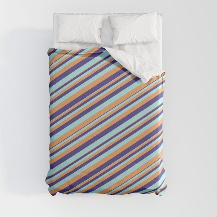 Dark Slate Blue, Turquoise & Brown Colored Stripes/Lines Pattern Duvet Cover