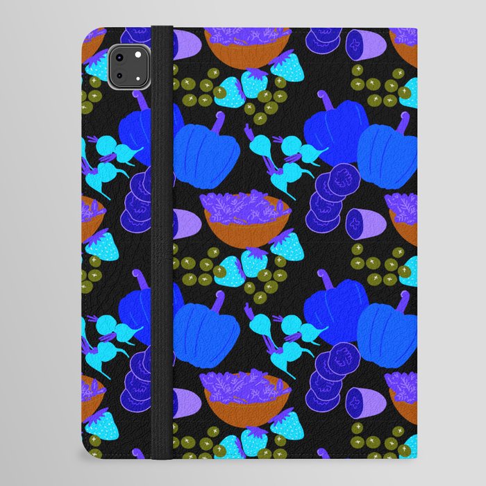 Retro Spring Fruits and Veggies Dark Blue Neon iPad Folio Case