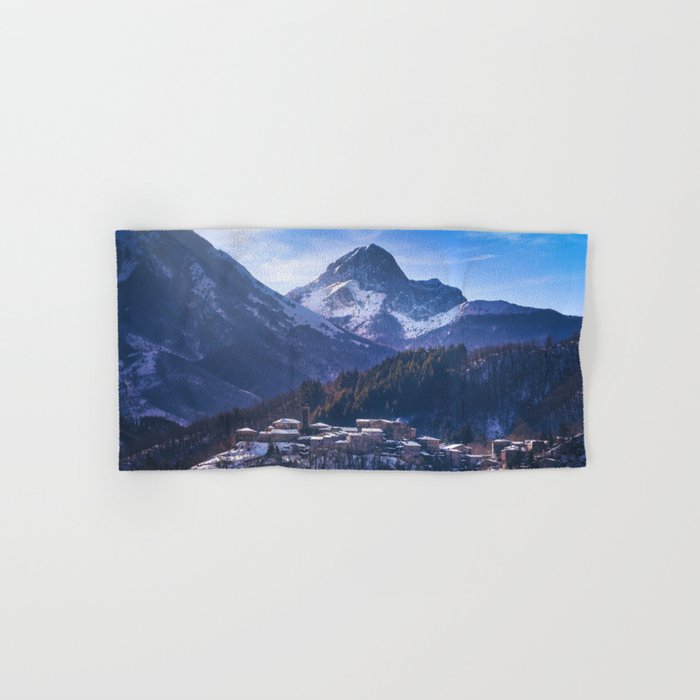 Snowy village Nicciano and Apuan mountains. Tuscany Hand & Bath Towel