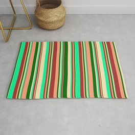 [ Thumbnail: Eye-catching Brown, Green, Beige, Dark Green & Light Salmon Colored Lined/Striped Pattern Rug ]