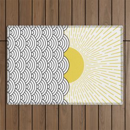 Black and white Seigaiha waves with yellow sun Outdoor Rug
