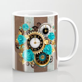 Steampunk Striped Background with Clock and Turquoise Roses Coffee Mug