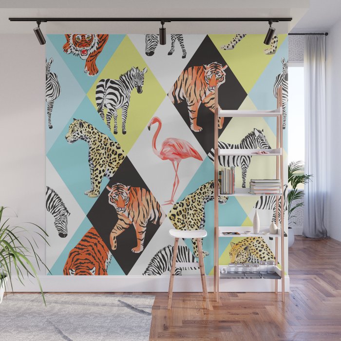 Cool Vintage Retro Zebra Tiger Cheetah Flamingo Wild Safari Animal Lover Print Wall Mural