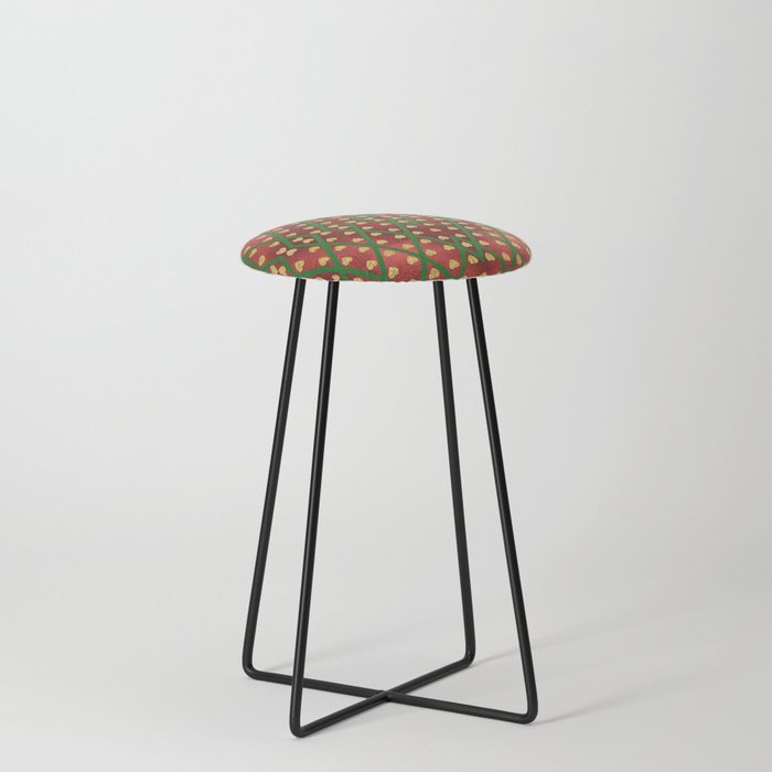 Gold Hearts on a Red Shiny Background with Green Crisscross  Diamond Lines Counter Stool