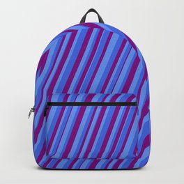 [ Thumbnail: Cornflower Blue, Royal Blue & Purple Colored Pattern of Stripes Backpack ]