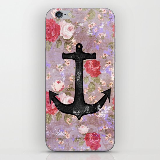 Vintage Nautical Anchor Purple Pink Floral Pattern iPhone & iPod Skin
