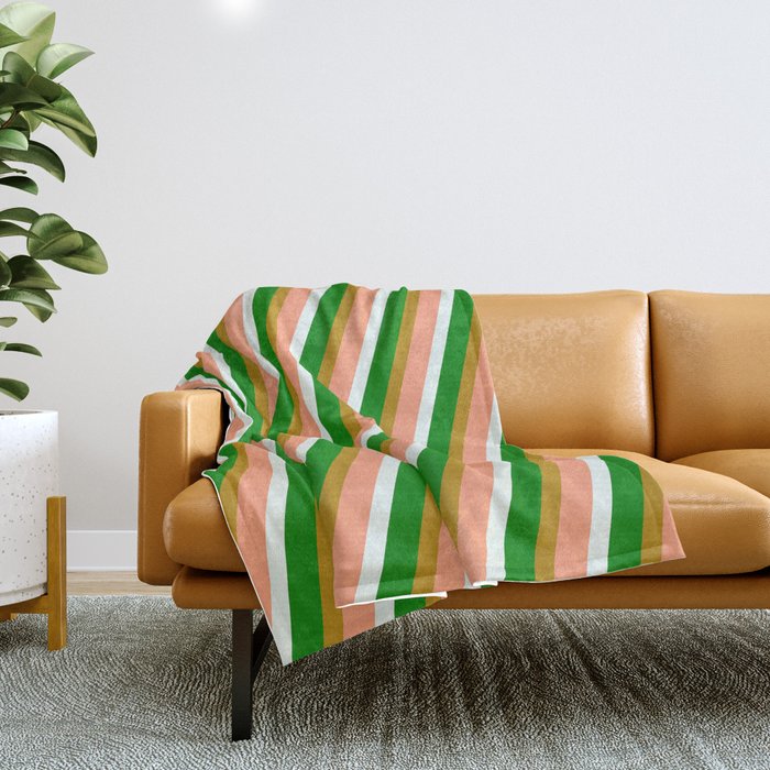 Dark Goldenrod, Light Salmon, Mint Cream, and Green Colored Pattern of Stripes Throw Blanket