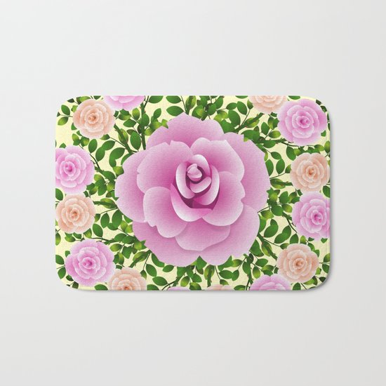 Pink Roses On Yellow Design Bath Mat