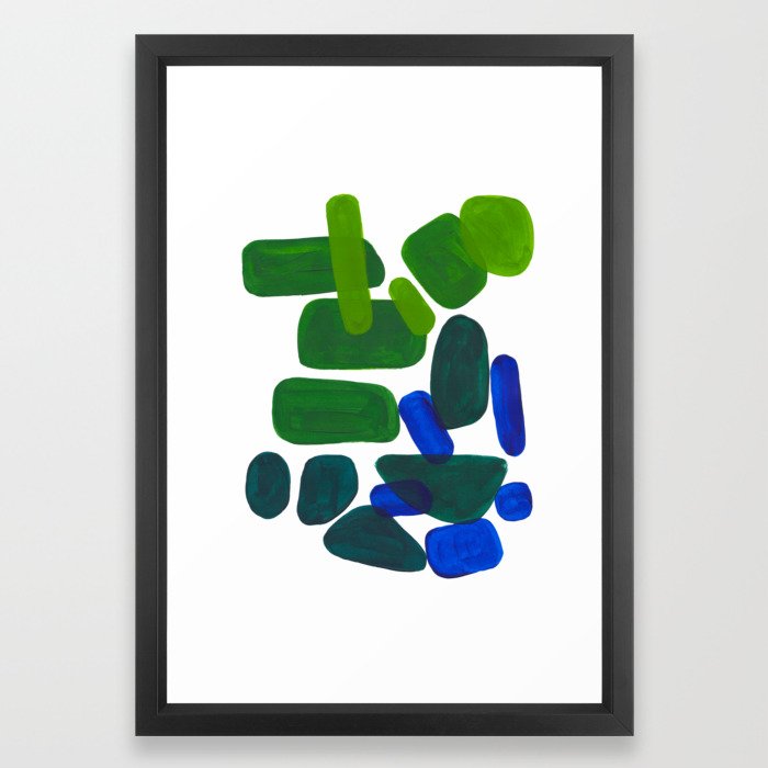 Mid Century Vintage Abstract Minimalist Colorful Pop Art Phthalo Blue Lime Green Pebble Shapes Framed Art Print