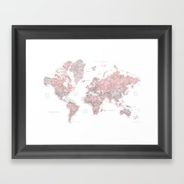 Dusty pink and grey detailed watercolor world map Framed Art Print