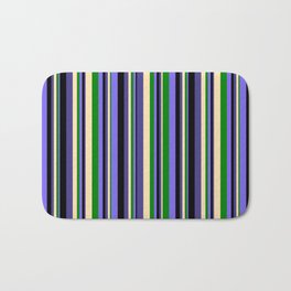 [ Thumbnail: Eyecatching Medium Slate Blue, Green, Beige, Dark Slate Blue, and Black Colored Stripes Pattern Bath Mat ]