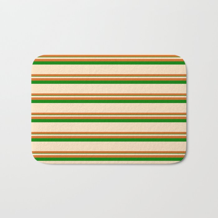 Bisque, Chocolate, and Green Colored Striped Pattern Bath Mat