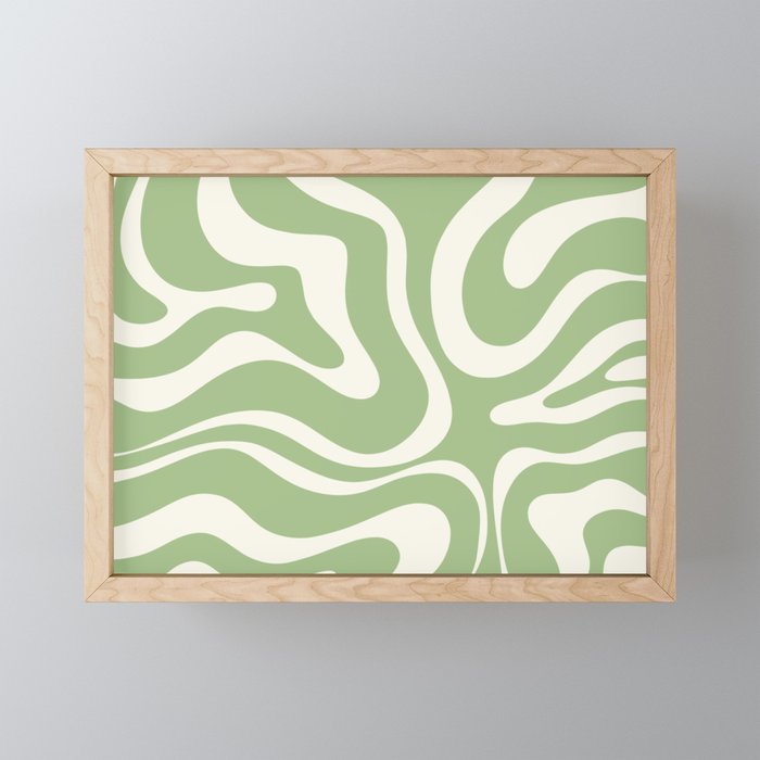 Modern Liquid Swirl Abstract Pattern in Light Sage Green and Cream Framed Mini Art Print