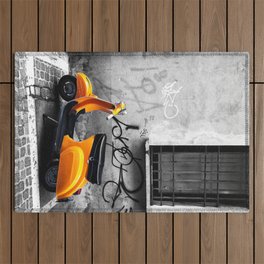 Orange Vespa in Bologna Black and White Photography Outdoor Rug