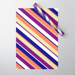 [ Thumbnail: Colorful Coral, Pale Goldenrod, Purple, White & Dark Blue Colored Lines/Stripes Pattern Wrapping Paper ]