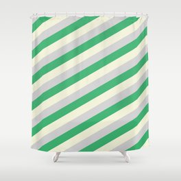 [ Thumbnail: Beige, Light Grey & Sea Green Colored Lined Pattern Shower Curtain ]