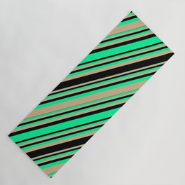 [ Thumbnail: Green, Tan, and Black Colored Striped/Lined Pattern Yoga Mat ]